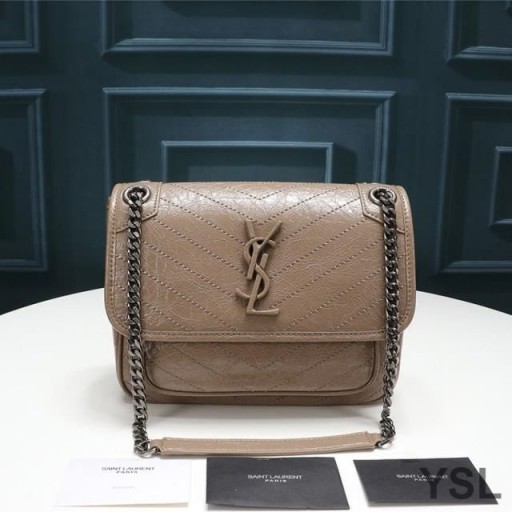 Yves Saint Laurent Baby Niki Chain Bag In Crinkled And Quilted Leather Apricot/Silver