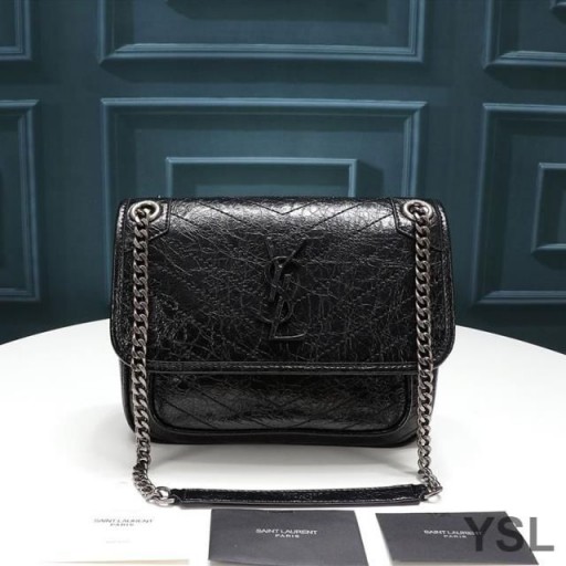 Yves Saint Laurent Baby Niki Chain Bag In Crinkled And Quilted Leather Black/Silver