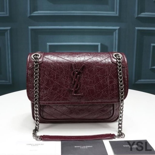 Yves Saint Laurent Baby Niki Chain Bag In Crinkled And Quilted Leather Burgundy/Silver