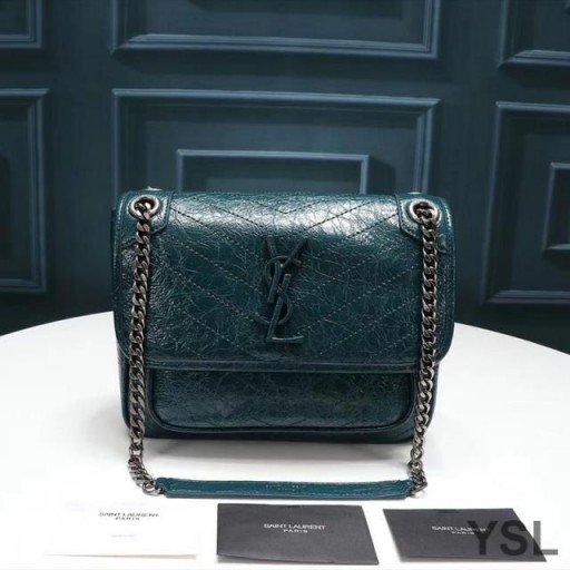Yves Saint Laurent Baby Niki Chain Bag In Crinkled And Quilted Leather Green/Silver