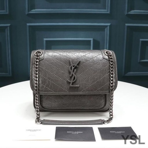 Yves Saint Laurent Baby Niki Chain Bag In Crinkled And Quilted Leather Grey/Silver