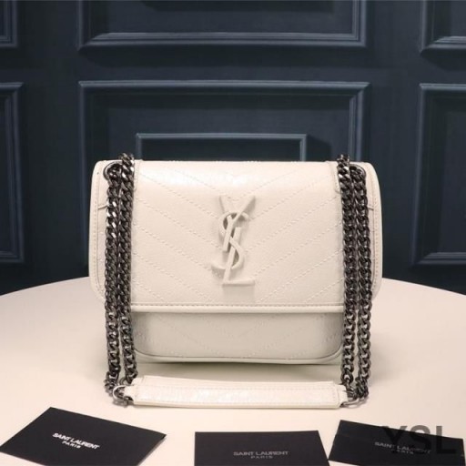 Yves Saint Laurent Baby Niki Chain Bag In Crinkled And Quilted Leather White/Silver