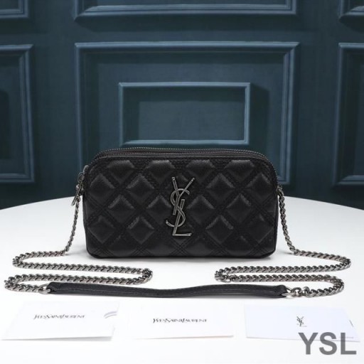 Yves Saint Laurent Becky Double-Zip Pouch In Diamond-Quilted Lambskin Black/Silver