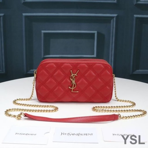Yves Saint Laurent Becky Double-Zip Pouch In Diamond-Quilted Lambskin Red/Gold
