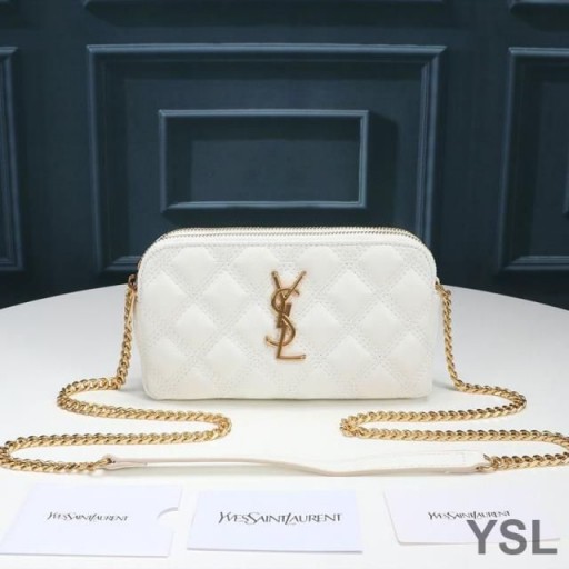 Yves Saint Laurent Becky Double-Zip Pouch In Diamond-Quilted Lambskin White/Gold