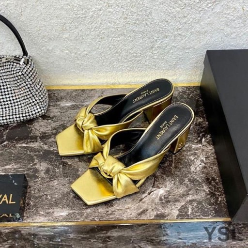 Yves Saint Laurent Bianca Heeled Slides In Smooth Leather Gold