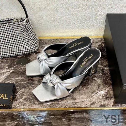 Yves Saint Laurent Bianca Heeled Slides In Smooth Leather Silver