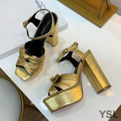 Yves Saint Laurent Candy Platform Sandals In Patent Leather with Bow Knot Gold