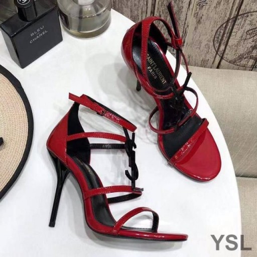 Yves Saint Laurent Cassandra 100 Sandals In Patent Leather with Black Logo Red