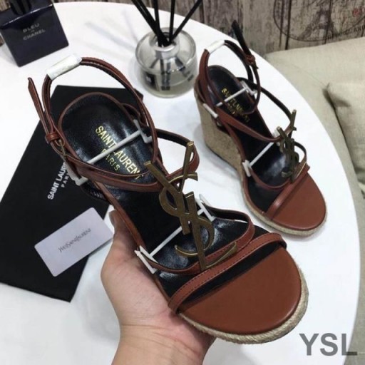 Yves Saint Laurent Cassandra Wedge Espadrilles In Leather Burgundy
