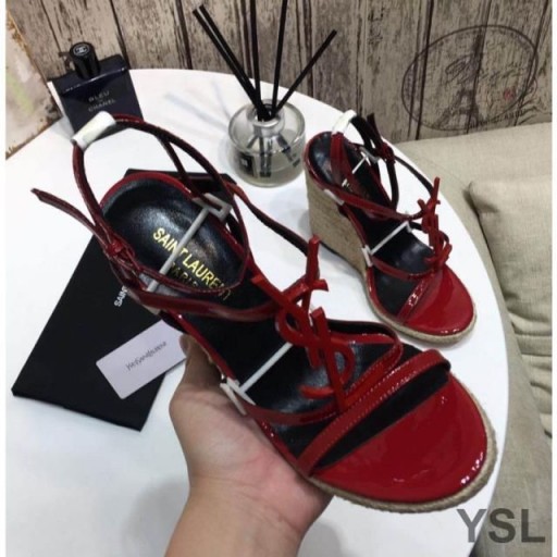 Yves Saint Laurent Cassandra Wedge Espadrilles In Leather Red