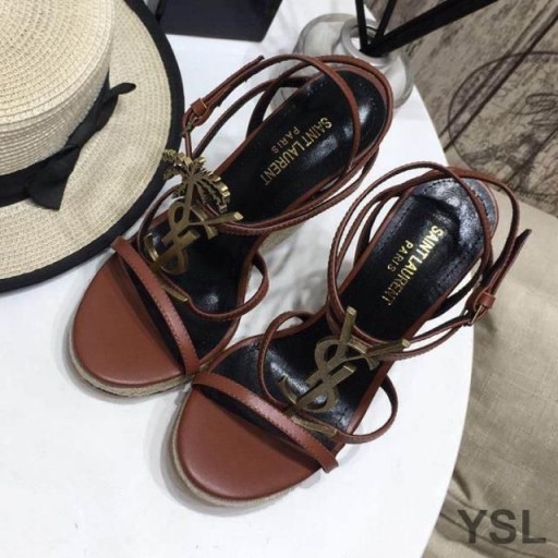 Yves Saint Laurent Cassandra Wedge Espadrilles In Leather with Palm Logo Burgundy