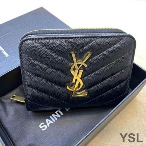 Yves Saint Laurent Compact Zip Around Wallet In Grained Matelasse Leather Black/Gold