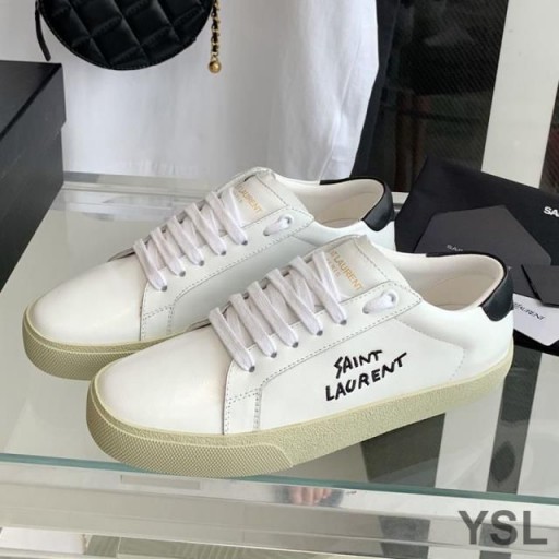 Yves Saint Laurent Court Classic Sneakers In Embroidered Leather with Black Logo White/Black