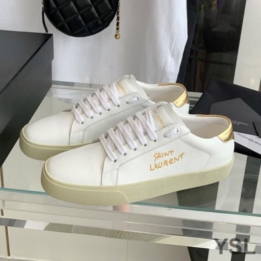 Yves Saint Laurent Court Classic Sneakers In Embroidered Leather with Gold Logo White/Gold