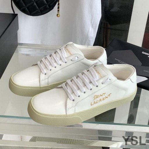 Yves Saint Laurent Court Classic Sneakers In Embroidered Leather with Gold Logo White