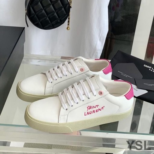 Yves Saint Laurent Court Classic Sneakers In Embroidered Leather with Rose Logo White/Rose
