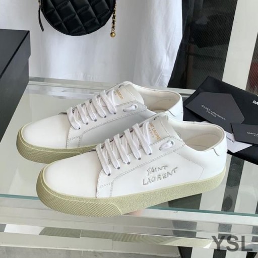 Yves Saint Laurent Court Classic Sneakers In Embroidered Leather with Silver Logo White