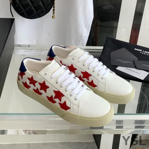 Yves Saint Laurent Court Classic Sneakers In Stars Embroidered Leather White/Red