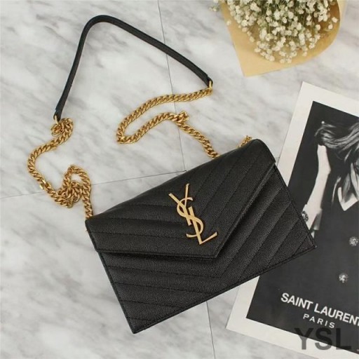 Yves Saint Laurent Envelope Chain Wallet In Textured Matelasse Leather Black/Gold