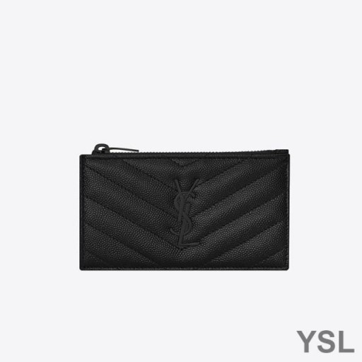 Yves Saint Laurent Fragments Zipped Card Case In Grained Matelasse Leather Black