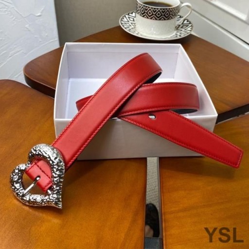 Yves Saint Laurent Heart Belt In Nappa Leather Red/Silver
