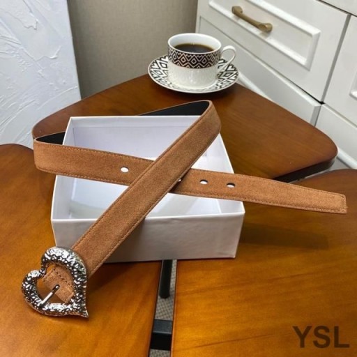 Yves Saint Laurent Heart Belt In Suede Brown/Silver