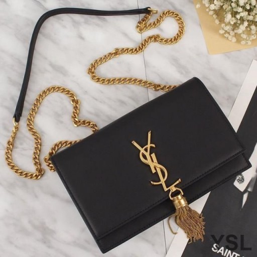 Yves Saint Laurent Kate Chain Wallet with Tassel In Leather Black/Gold