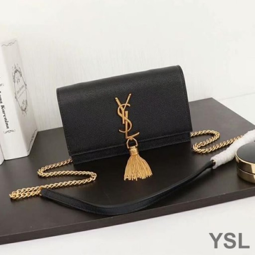 Yves Saint Laurent Kate Chain Wallet with Tassel In Textured Leather Black/Gold