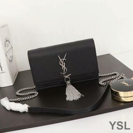 Yves Saint Laurent Kate Chain Wallet with Tassel In Textured Leather Black/Silver