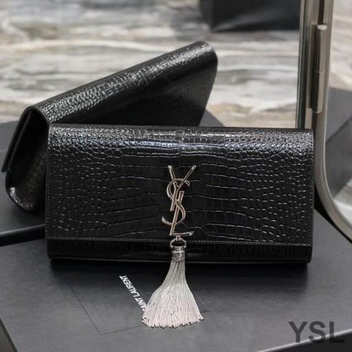 Yves Saint Laurent Kate Clutch with Tassel In Crocodile Embossed Leather Black/Silver
