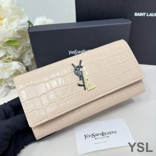 Yves Saint Laurent Large Cassandra Deconstruct Bifold Wallet In Crocodile Embossed Leather Apricot