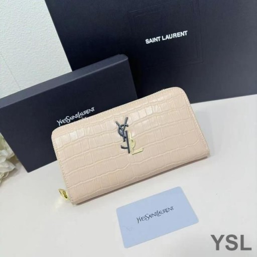 Yves Saint Laurent Large Cassandra Deconstruct Zip Around Wallet In Crocodile Embossed Leather Apricot
