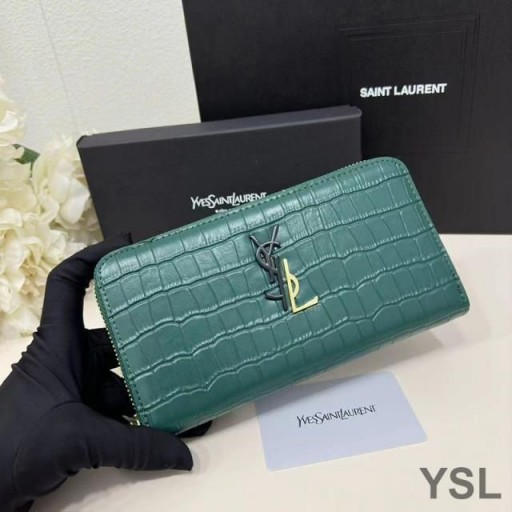 Yves Saint Laurent Large Cassandra Deconstruct Zip Around Wallet In Crocodile Embossed Leather Green