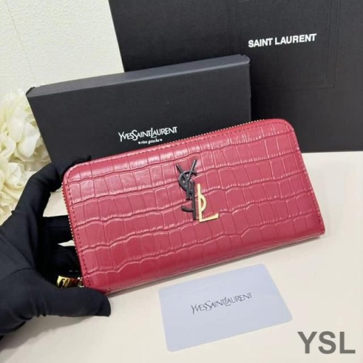 Yves Saint Laurent Large Cassandra Deconstruct Zip Around Wallet In Crocodile Embossed Leather Red