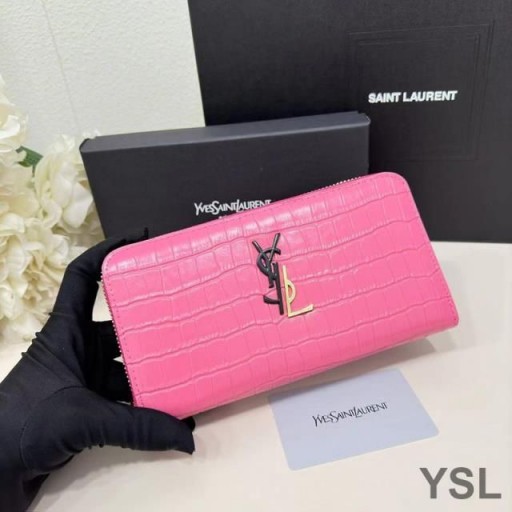 Yves Saint Laurent Large Cassandra Deconstruct Zip Around Wallet In Crocodile Embossed Leather Rose