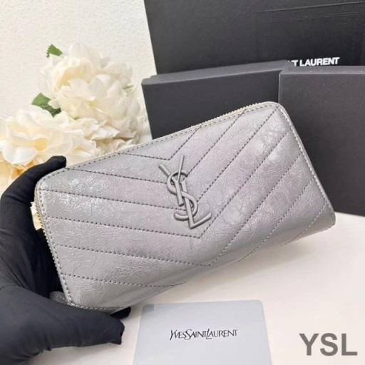 Yves Saint Laurent Large Cassandra Zip Around Wallet In Crinkled Matelasse Leather Grey
