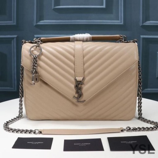 Yves Saint Laurent Large Classic College Chain Bag In Matelasse Leather Apricot/Silver