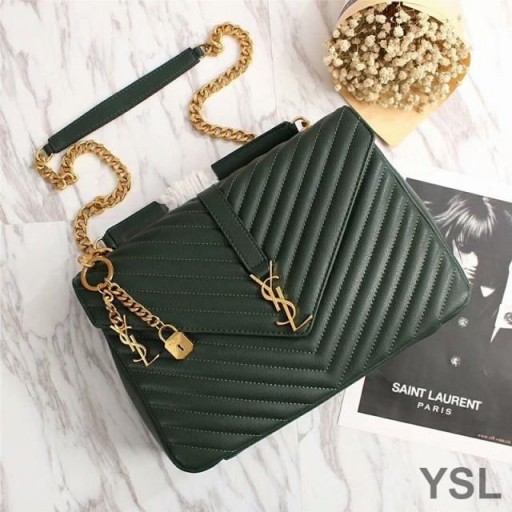 Yves Saint Laurent Large Classic College Chain Bag In Matelasse Leather Green/Gold