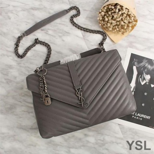 Yves Saint Laurent Large Classic College Chain Bag In Matelasse Leather Grey/Silver
