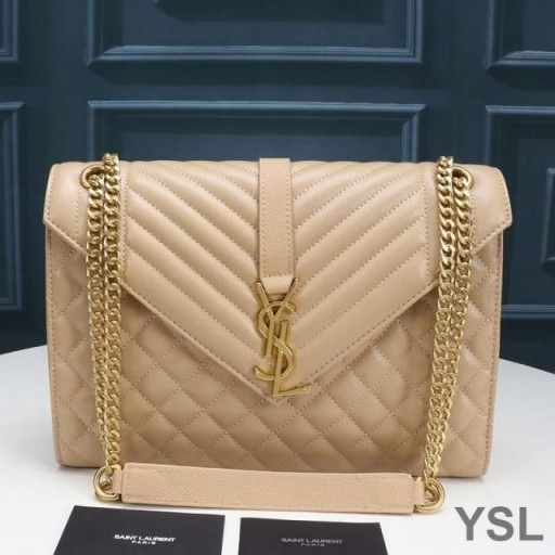 Yves Saint Laurent Large Envelope Chain Bag In Mixed Grained Matelasse Leather Apricot/Gold
