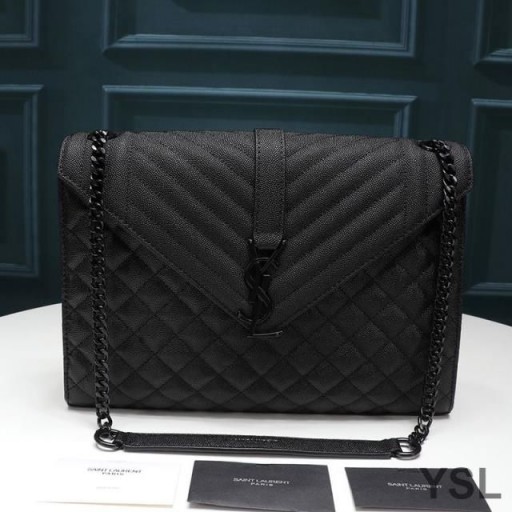 Yves Saint Laurent Large Envelope Chain Bag In Mixed Grained Matelasse Leather Black