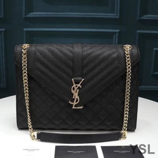 Yves Saint Laurent Large Envelope Chain Bag In Mixed Grained Matelasse Leather Black/Gold
