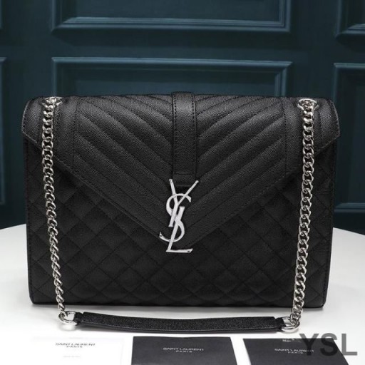 Yves Saint Laurent Large Envelope Chain Bag In Mixed Grained Matelasse Leather Black/Silver