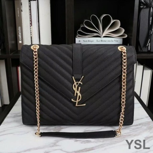 Yves Saint Laurent Large Envelope Chain Bag In Textured Matelasse Leather Black/Gold