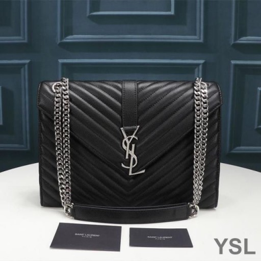 Yves Saint Laurent Large Envelope Chain Bag In Textured Matelasse Leather Black/Silver