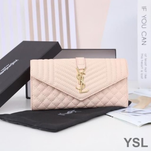 Yves Saint Laurent Large Envelope Flap Wallet In Mixed Grained Matelasse Leather Pink/Gold