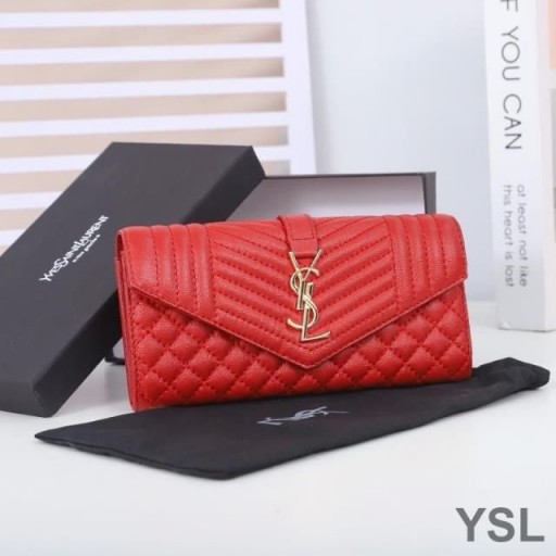 Yves Saint Laurent Large Envelope Flap Wallet In Mixed Grained Matelasse Leather Red/Gold