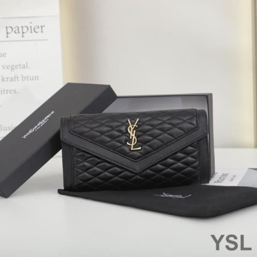 Yves Saint Laurent Large Gaby Flap Wallet In Quilted Lambskin Black/Gold