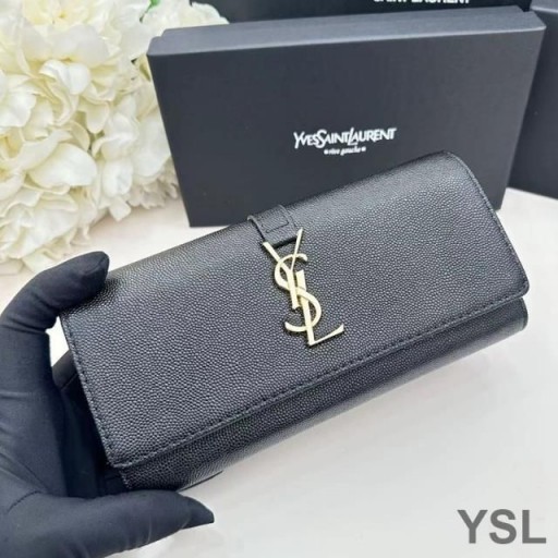 Yves Saint Laurent Large Line Bifold Wallet In Grained Leather Black/Gold